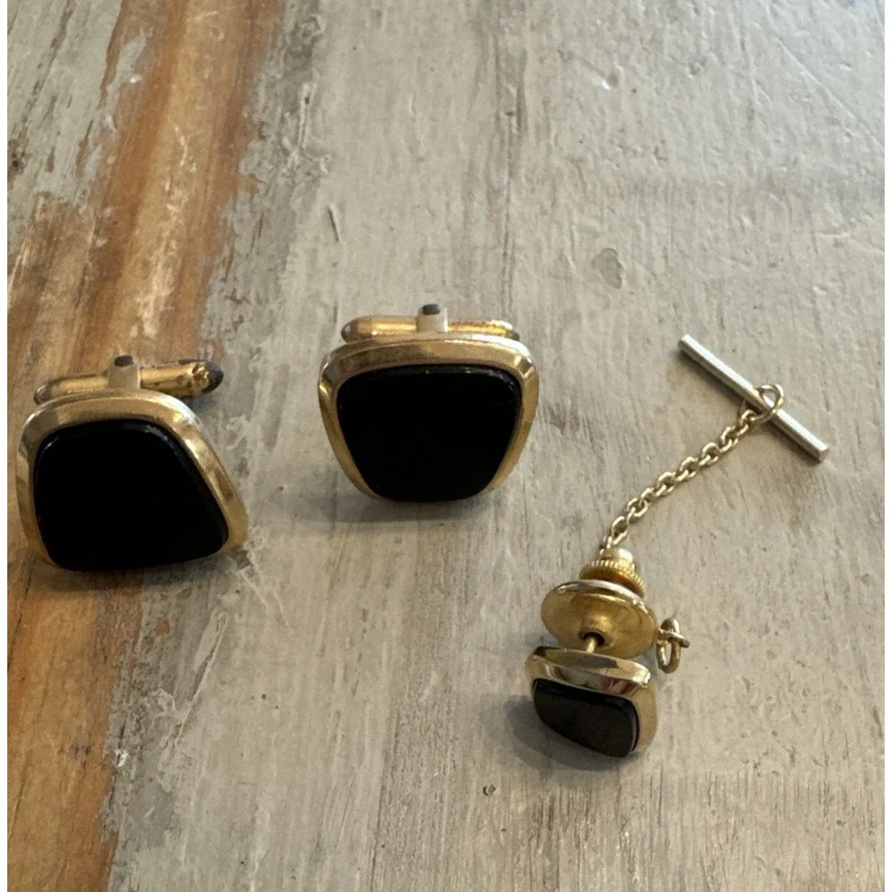 VINTAGE CORRECT QUALITY CUFF LINKS & TIE PIN 1/20 14KT GOLD FILLED